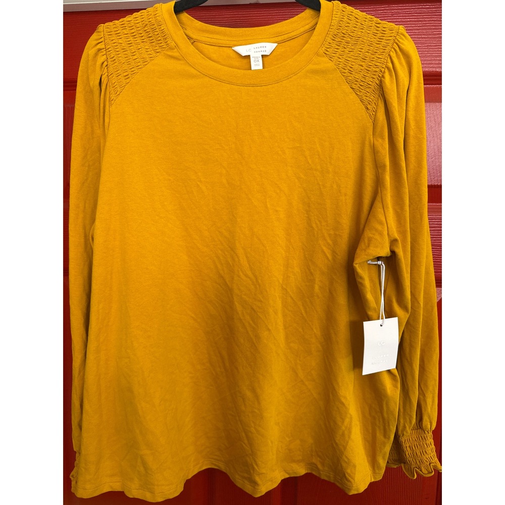 LC Lauren Conrad Mustard Yellow Smocked Shoulder Long Sleeve Top Womens Plus 0X
